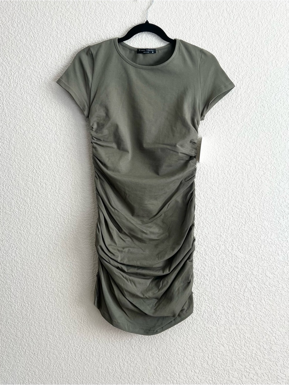 Final Touch short sleeve mini dress Olive Green Women’s Size Medium ruching New